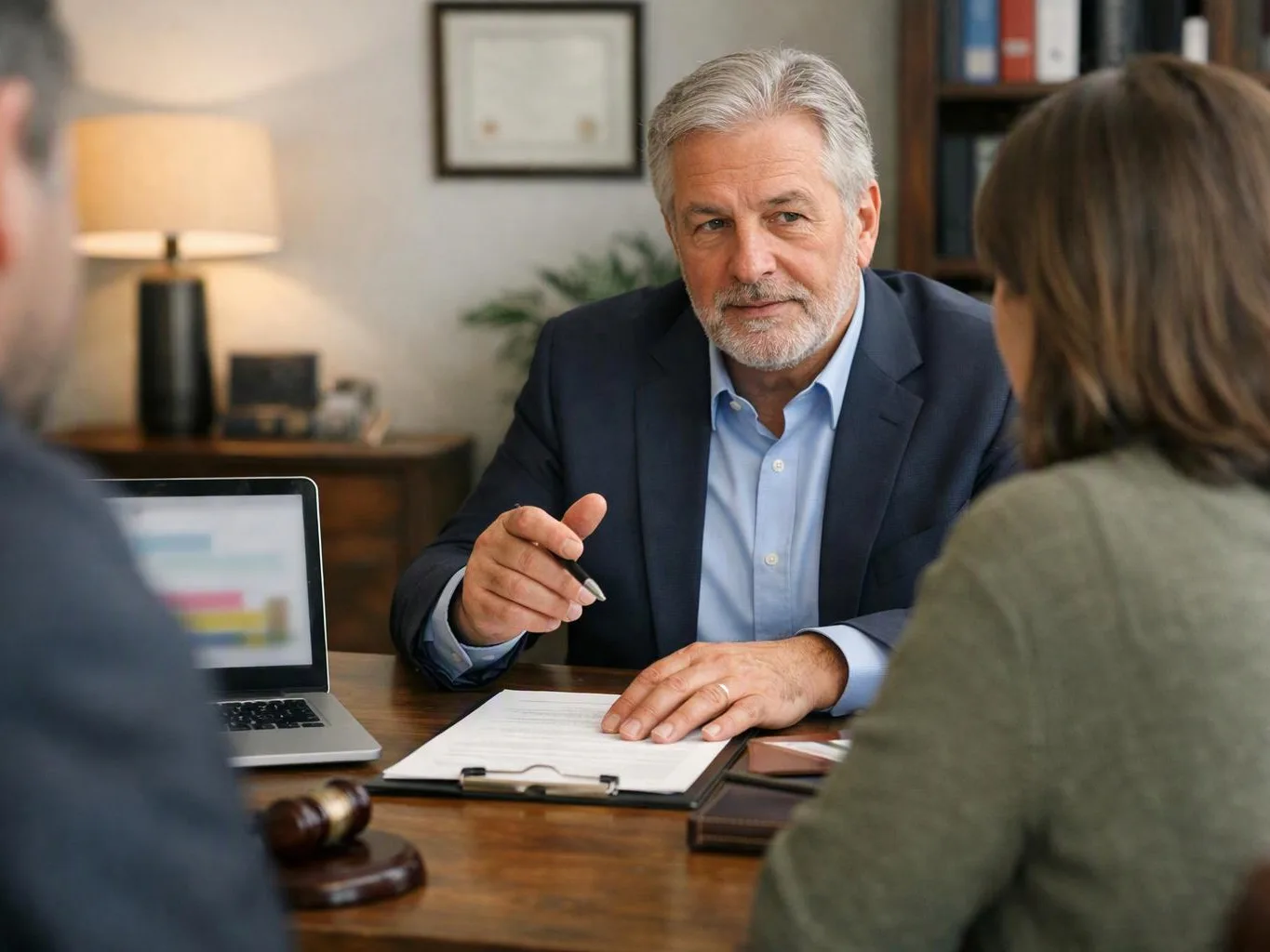 A gray-haired man in a suit speaks across a desk with two seated visitors in an office