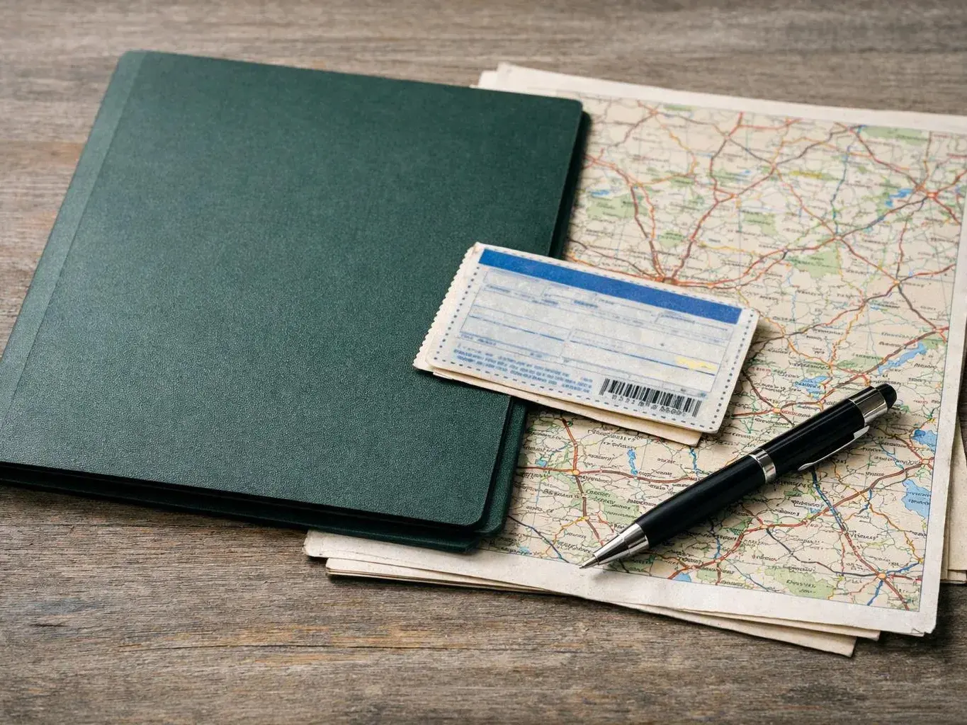 A green folder, folded map, ticket stub, and black pen lie on a wooden tabletop