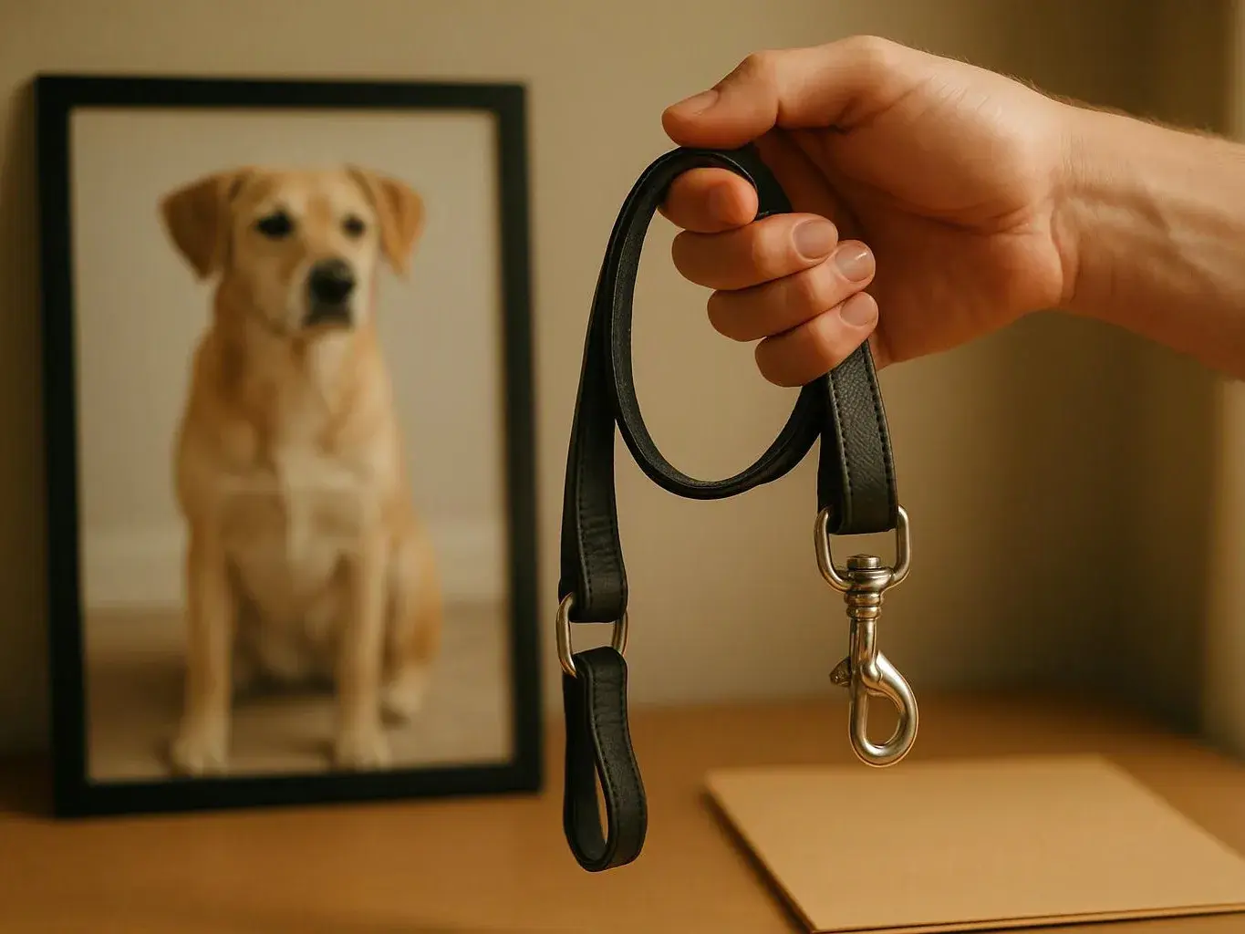 A hand holds a black dog leash beside a framed photo of a tan dog on a table