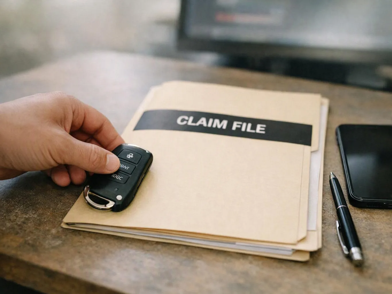 A hand holds a car key fob beside a claim file folder on a desk with a phone and pen