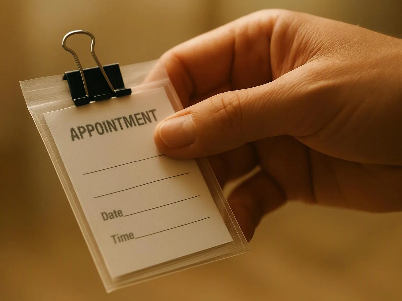 A hand holds a clipped appointment card with blank date and time lines against a warm background