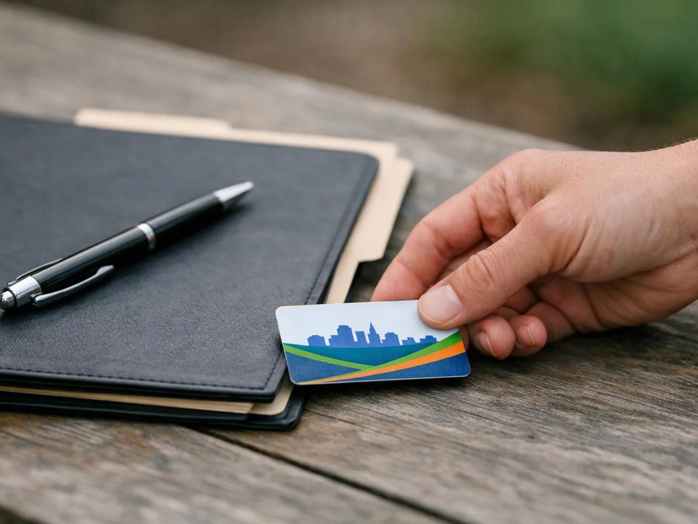 A hand holds a colorful card beside a black notebook and pen on a wooden table