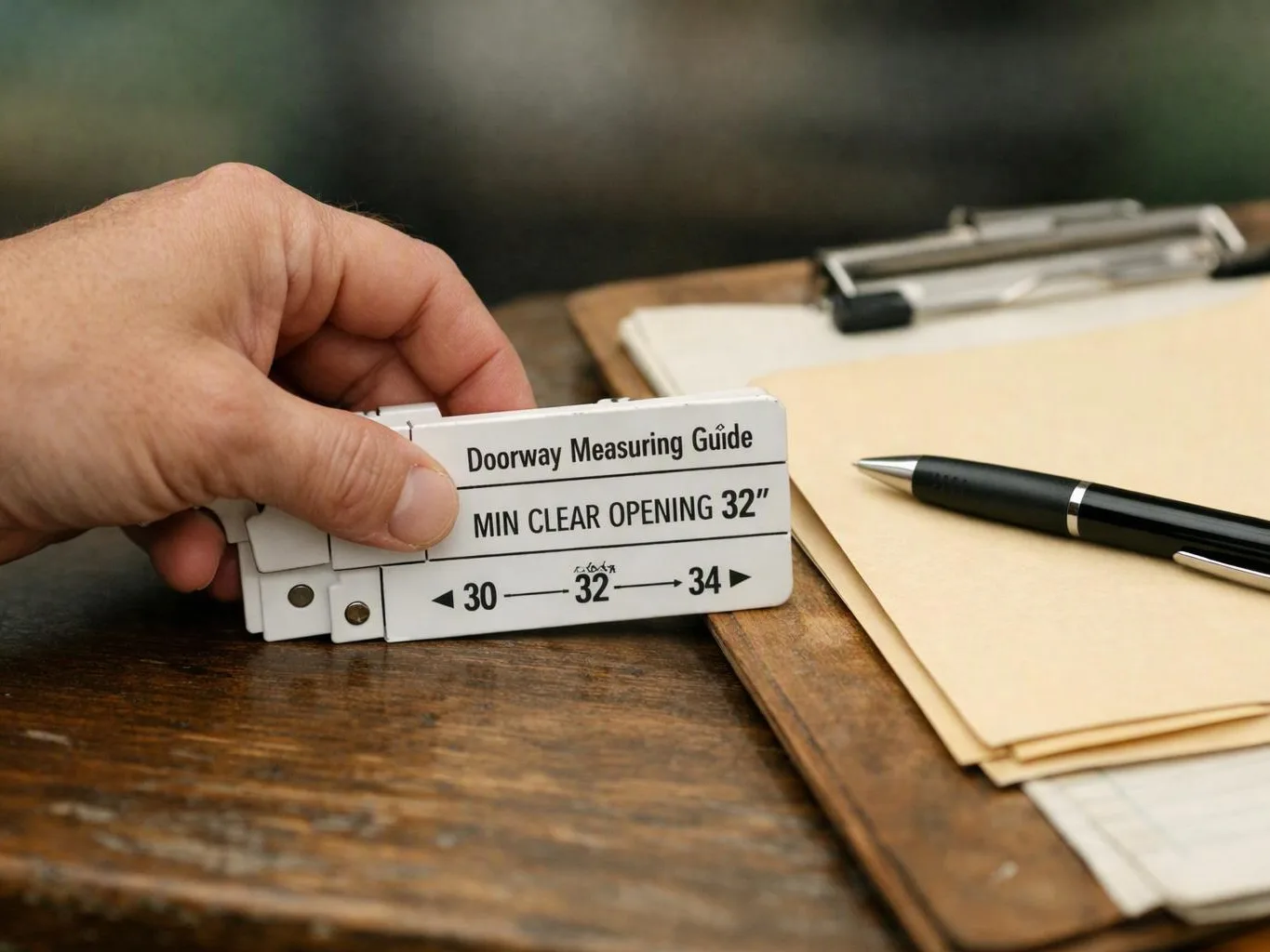 A hand holds a doorway measuring guide beside a pen and papers on a wooden desk