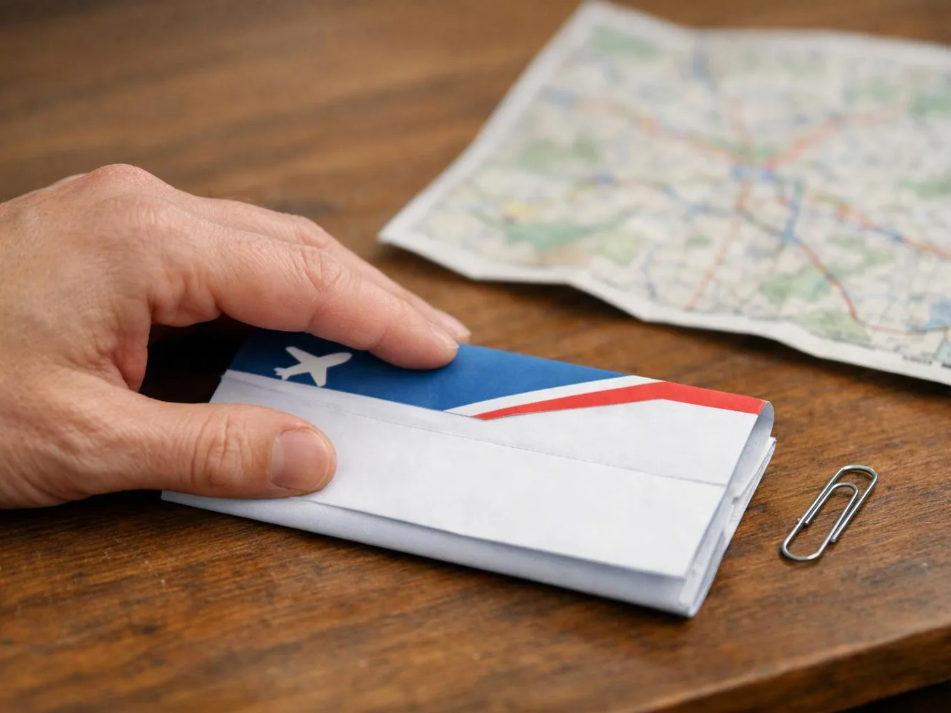 A hand holds a folded paper airplane on a wooden table beside a map and paperclip