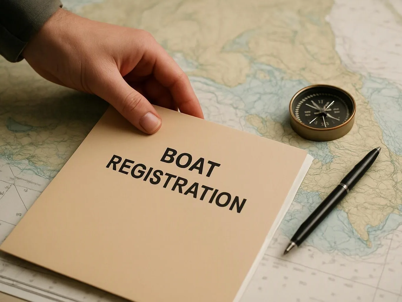 A hand holds a folder labeled "BOAT REGISTRATION" on a map beside a compass and pen