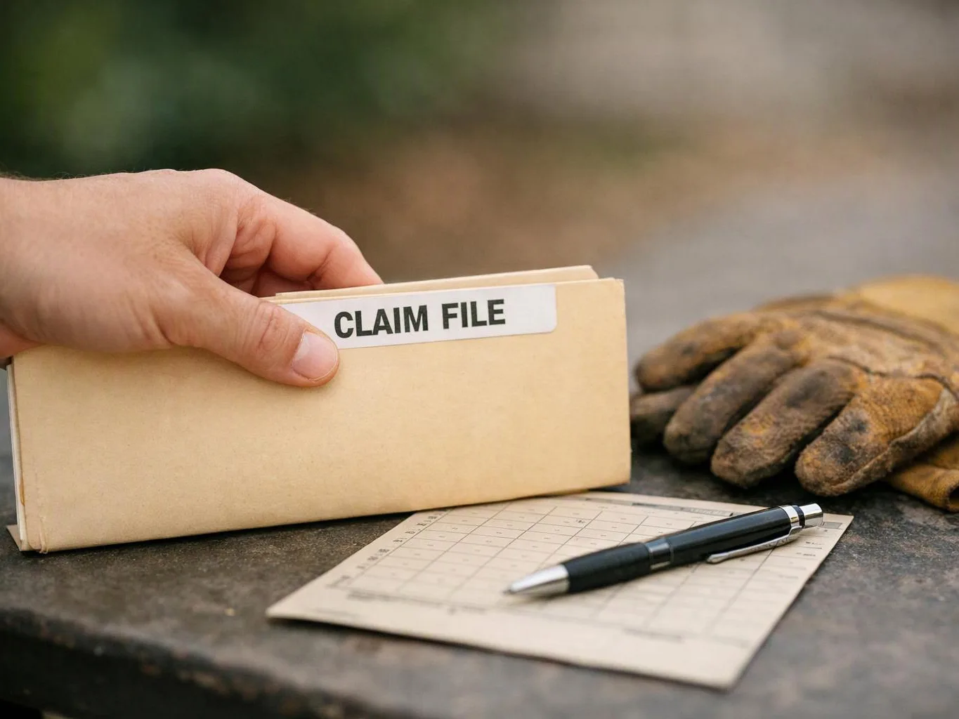 A hand holds a manila folder labeled claim file beside worn gloves, a pen, and a form on a table