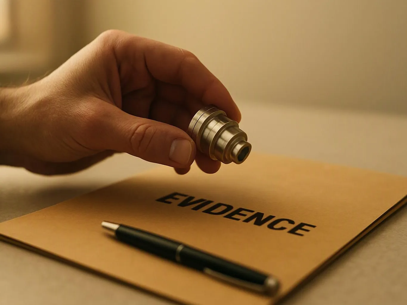 A hand holds a small metal cylinder over a folder labeled “EVIDENCE,” with a pen resting beside it