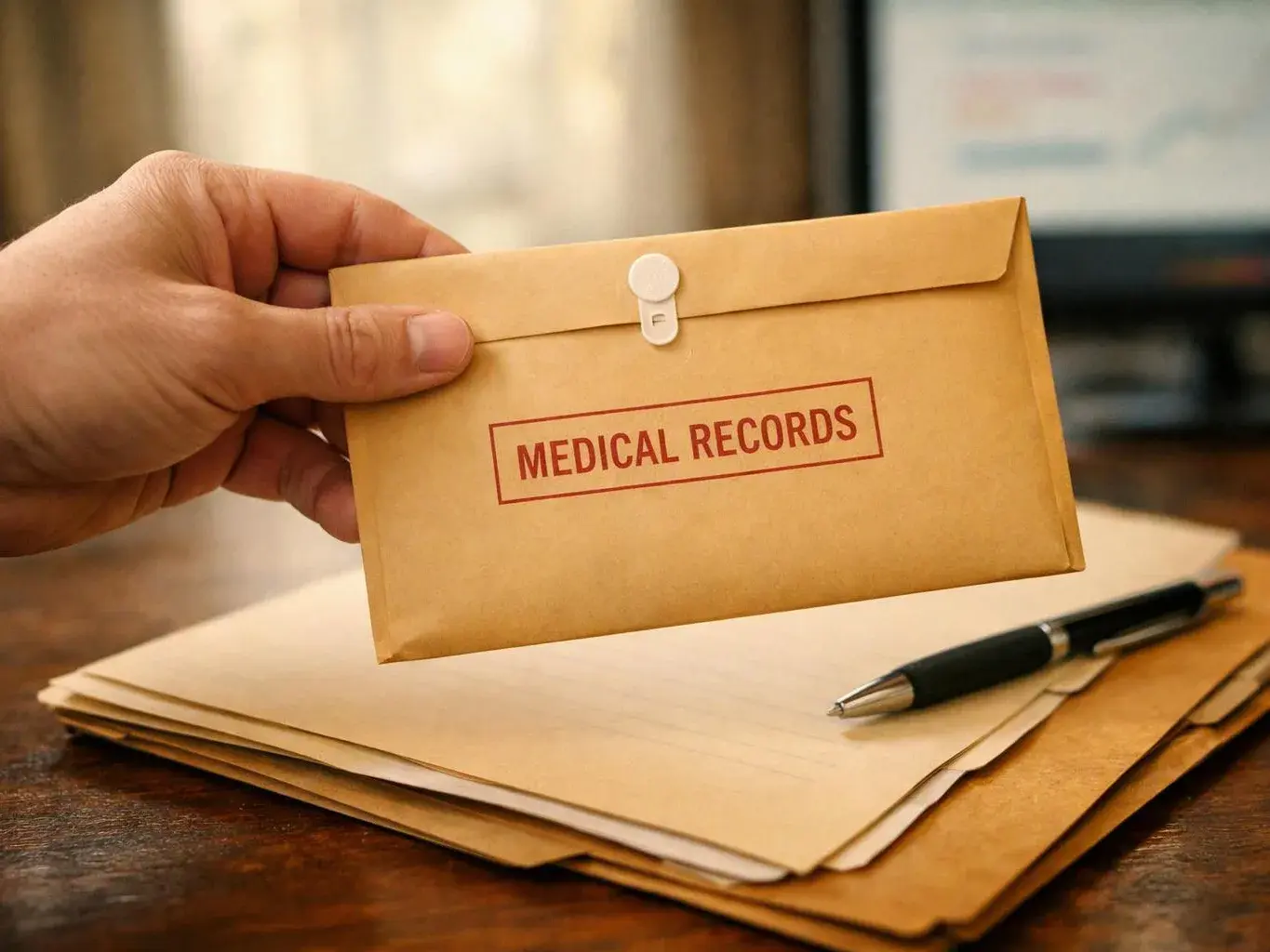 A hand holds a tan envelope labeled medical records above papers and a pen on a table