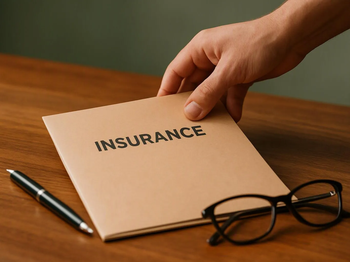 A hand picks up a beige insurance folder on a wooden desk beside a pen and glasses