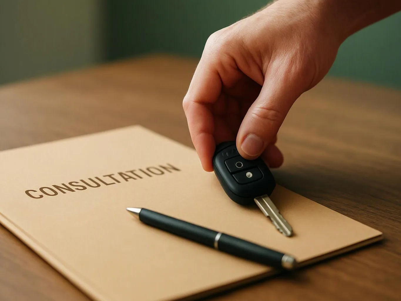 A hand places a car key beside a pen on a folder labeled “CONSULTATION”