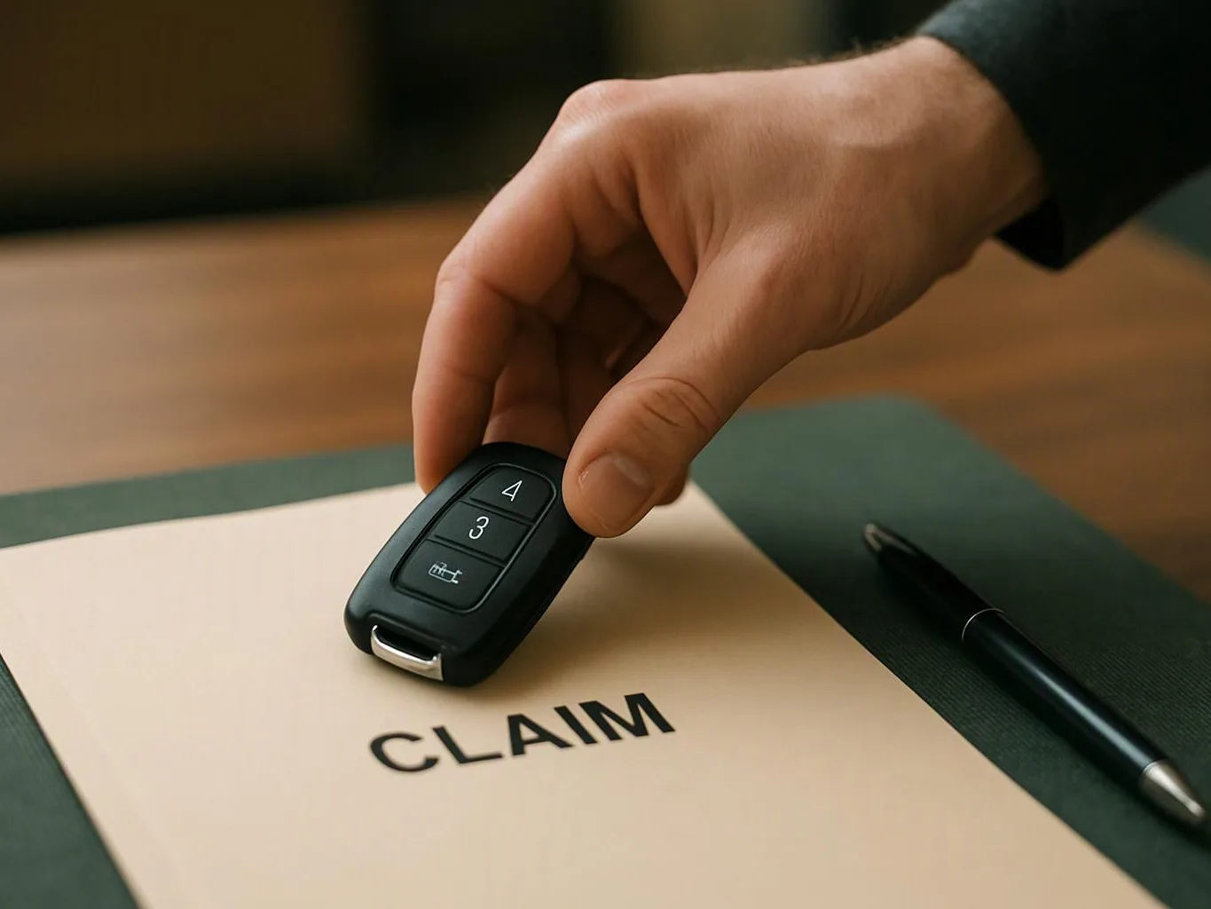 A hand places a car key fob on a folder labeled "CLAIM" beside a pen on a desk