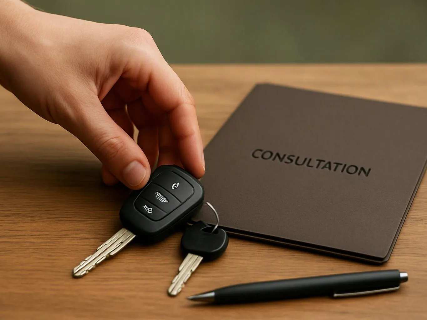 A hand places car keys beside a folder labeled “CONSULTATION” on a wooden table