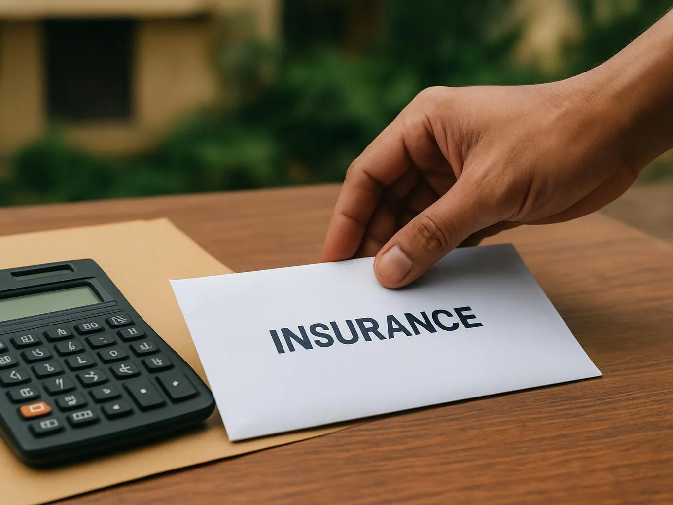 A hand places an envelope labeled “INSURANCE” beside a calculator on a wooden table