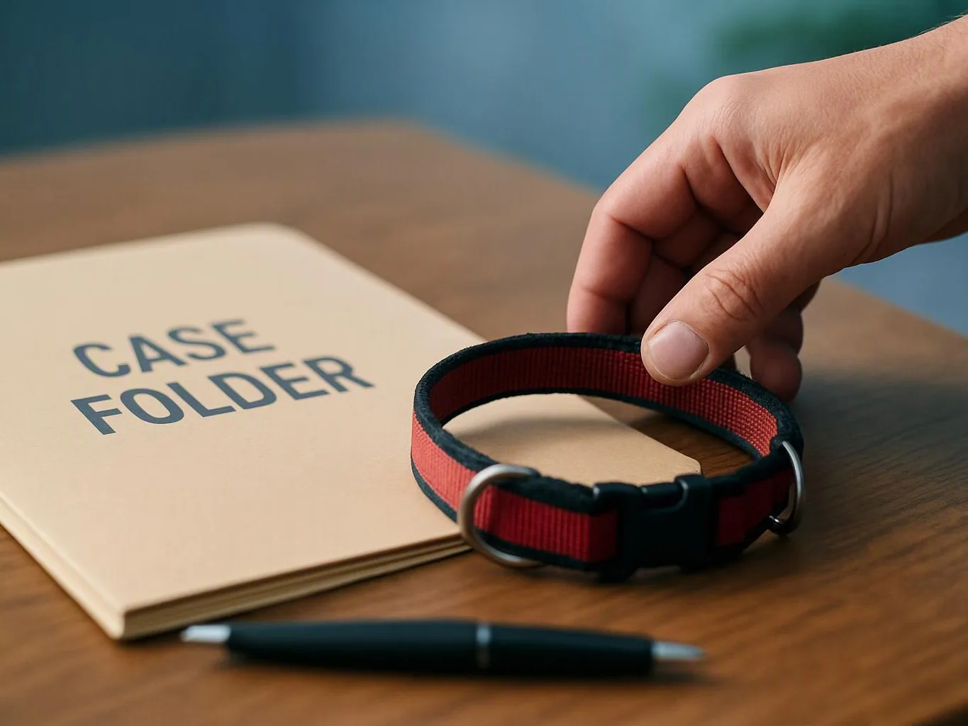 A hand places a red collar beside a folder labeled case folder on a wooden desk