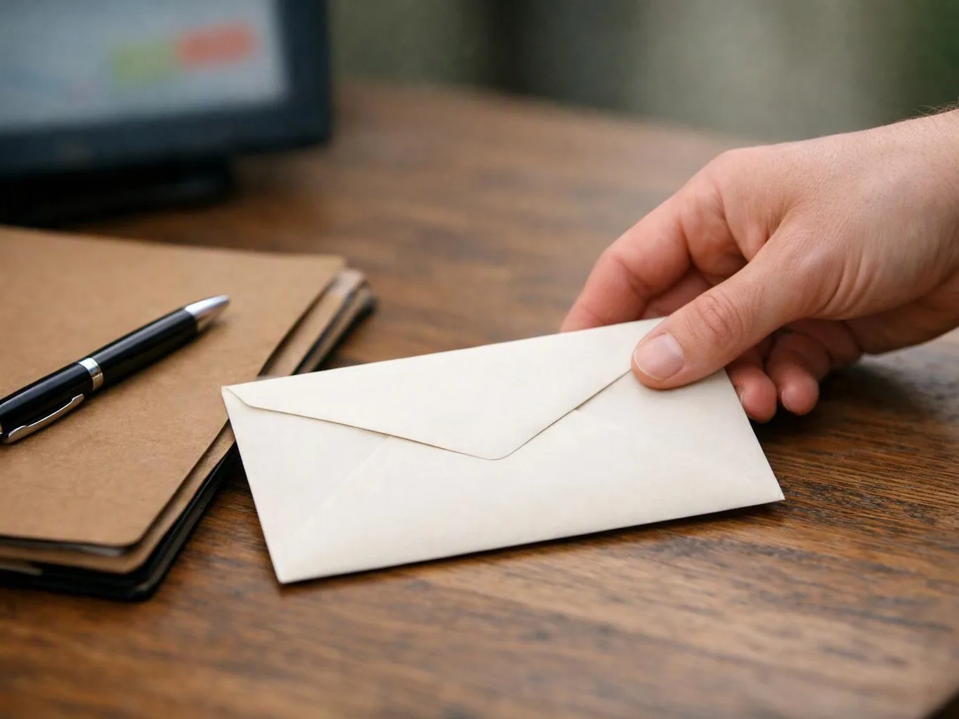 A hand places a white envelope on a wooden desk beside a pen and notebooks