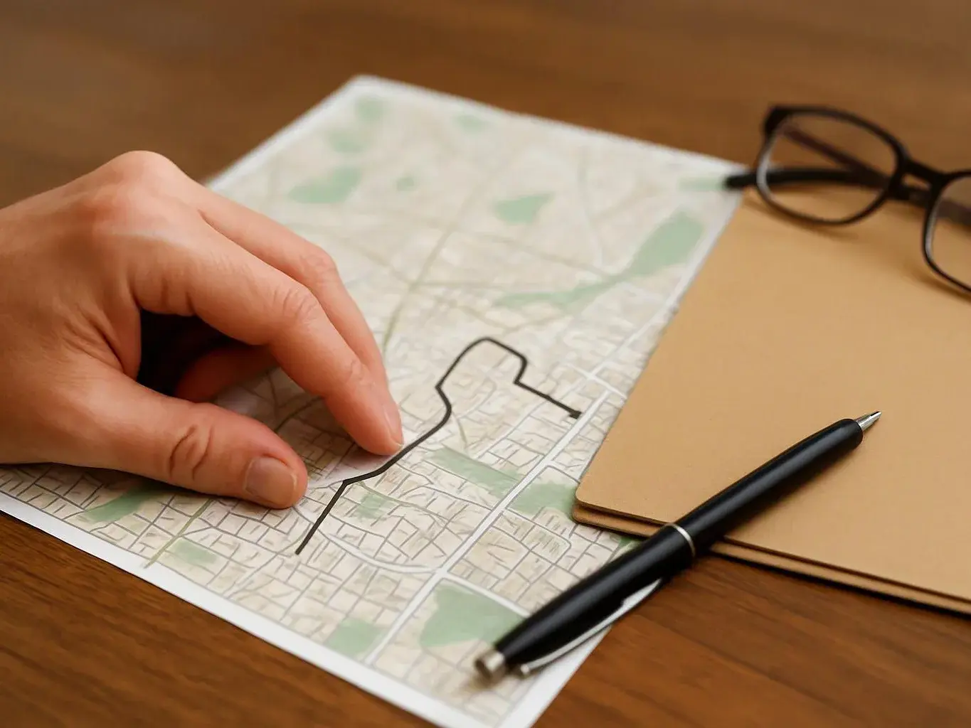 A hand points at a marked map on a wooden desk beside glasses, a pen, and a folder