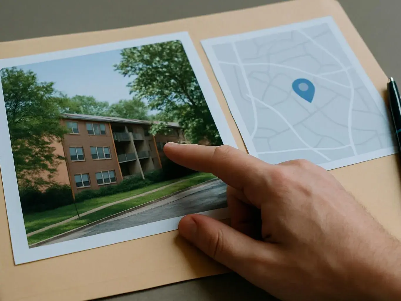A hand points at a photo of an apartment building beside a map graphic on a desk