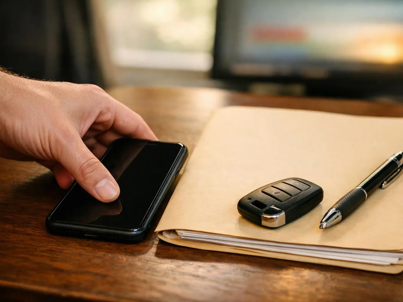 A hand reaches for a black smartphone beside a folder, key fob, and pen on a wooden table