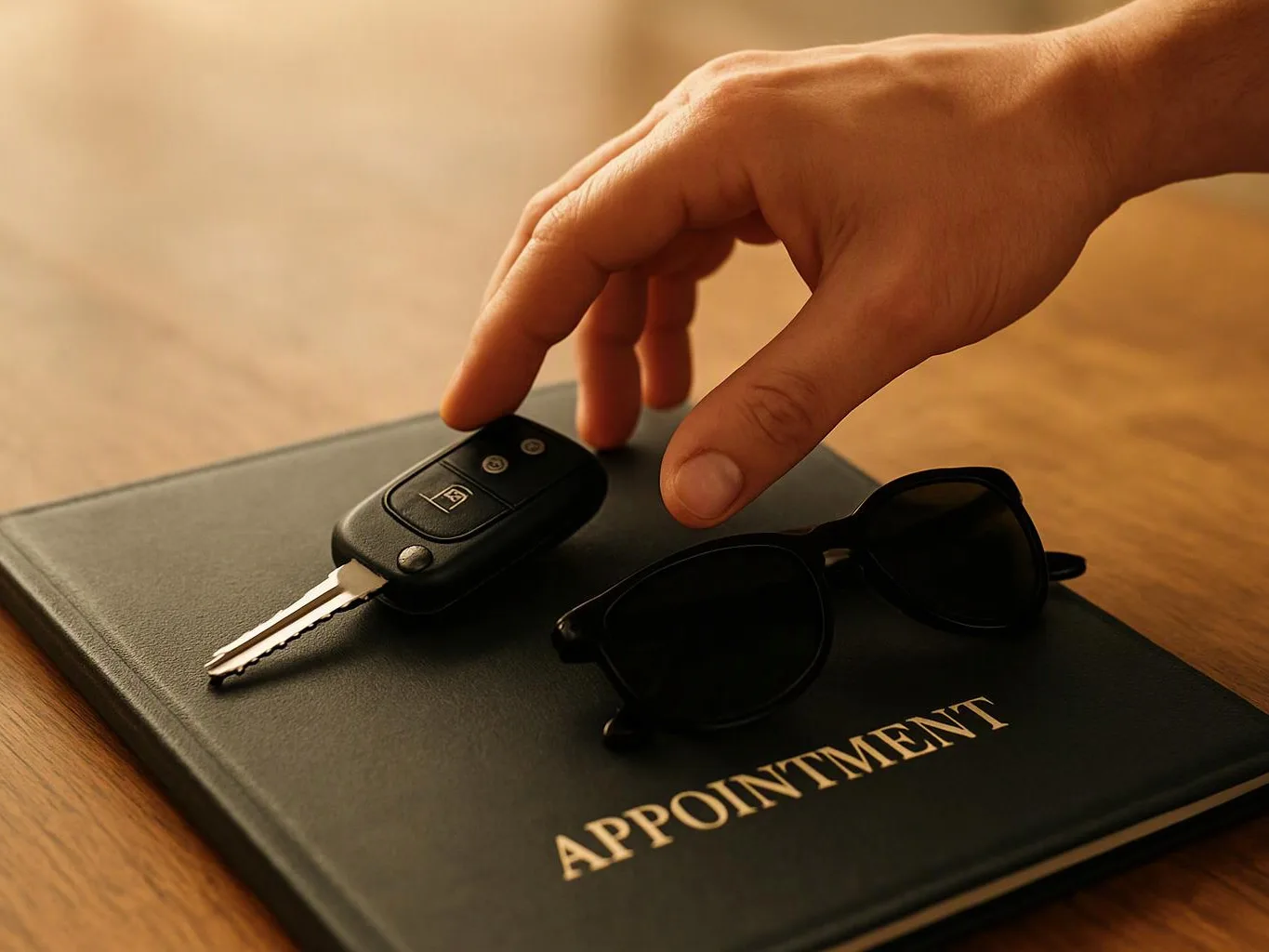 A hand reaches for a car key and sunglasses resting on a black appointment book on a wooden table