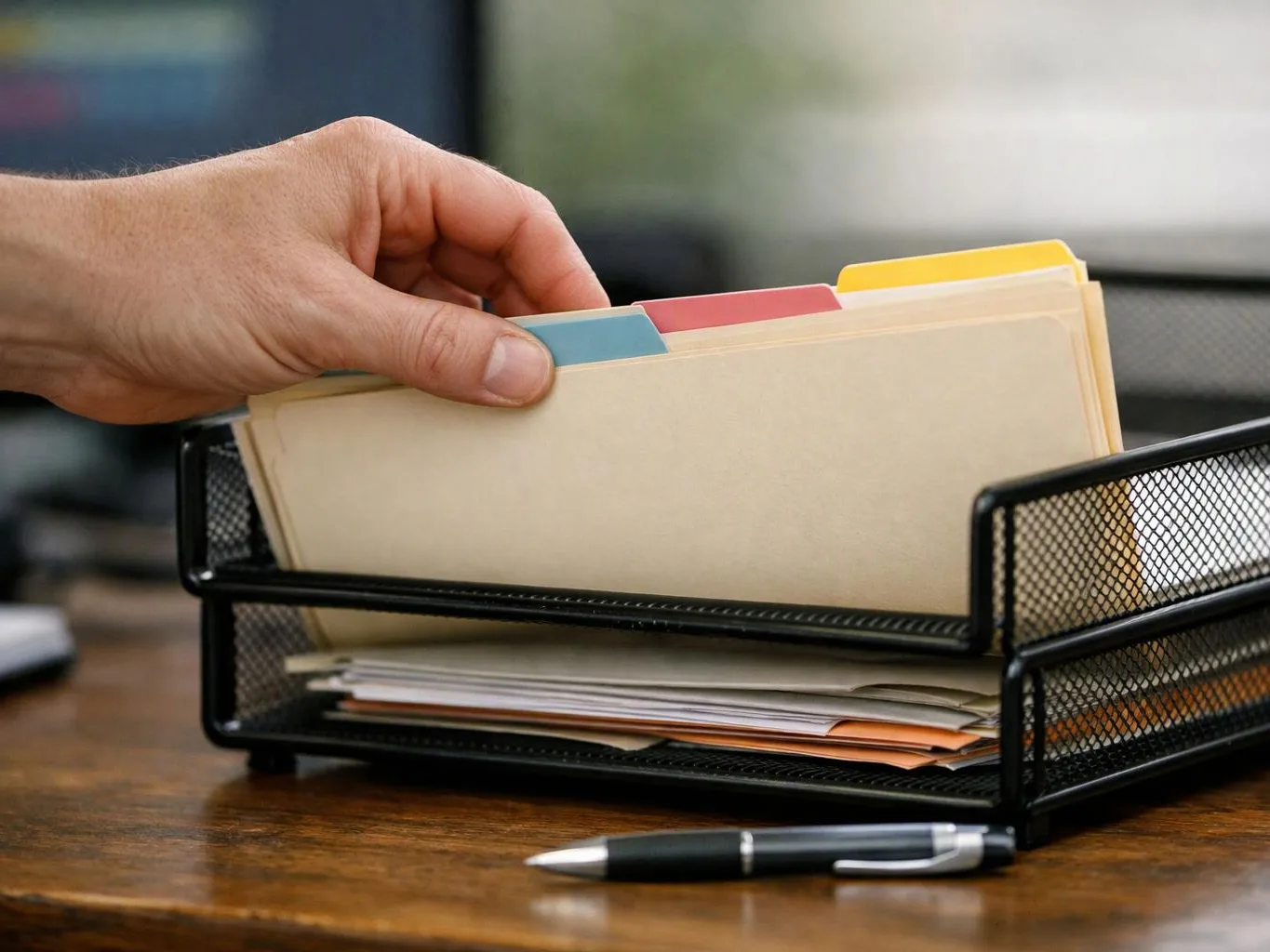 A hand reaches into a desk file tray and pulls out a manila folder with colored tabs