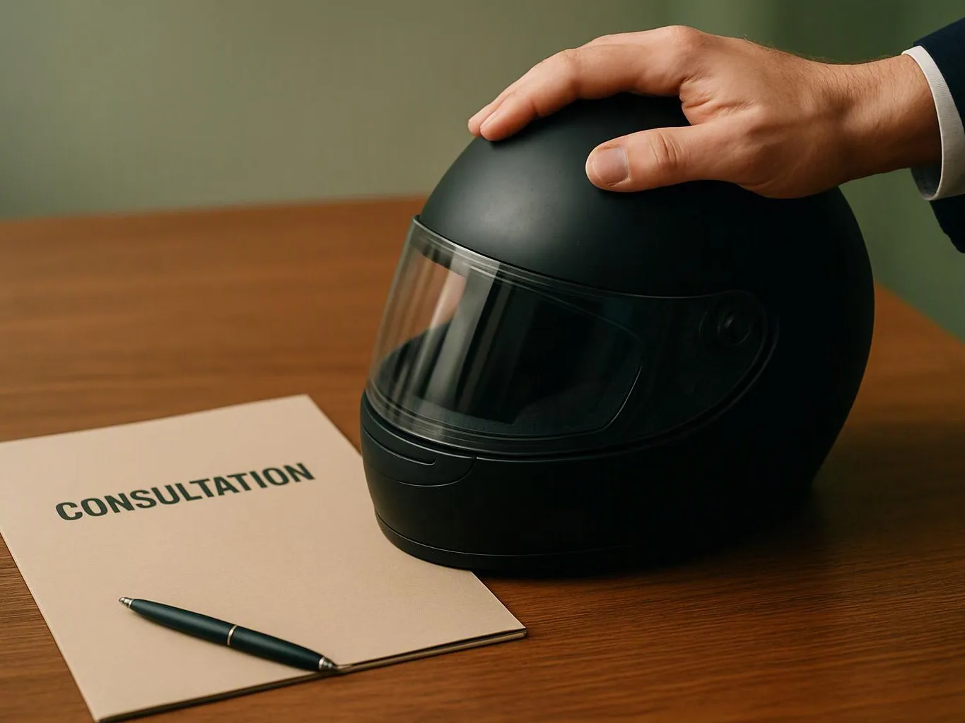 A hand rests on a black motorcycle helmet beside a folder labeled “CONSULTATION” and a pen on a wooden desk