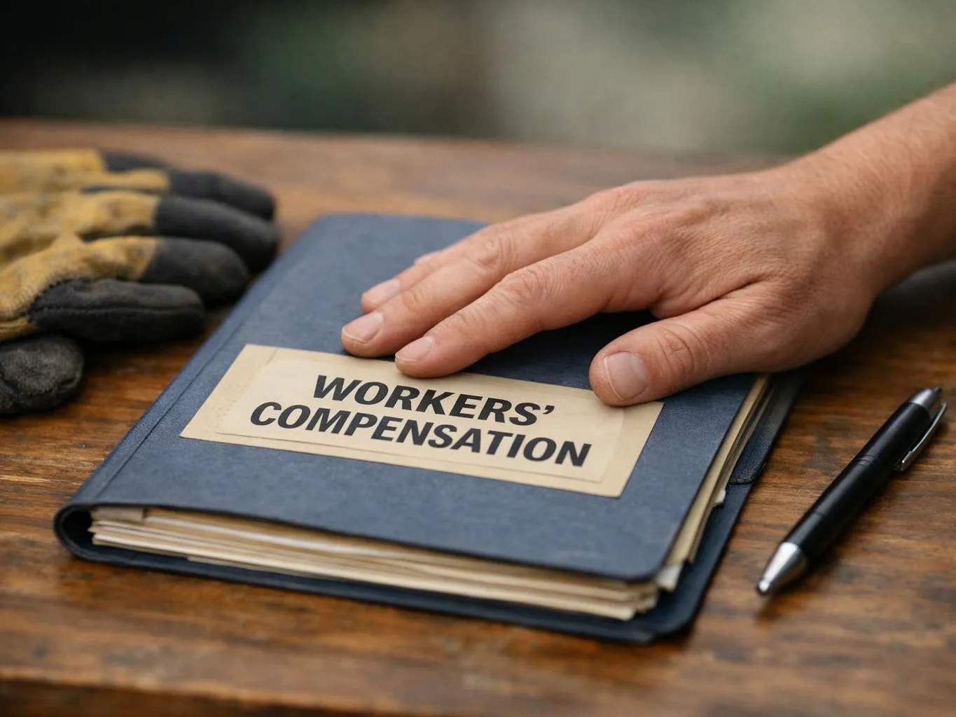 A hand rests on a folder labeled “WORKERS’ COMPENSATION” beside gloves and a pen on a wooden table
