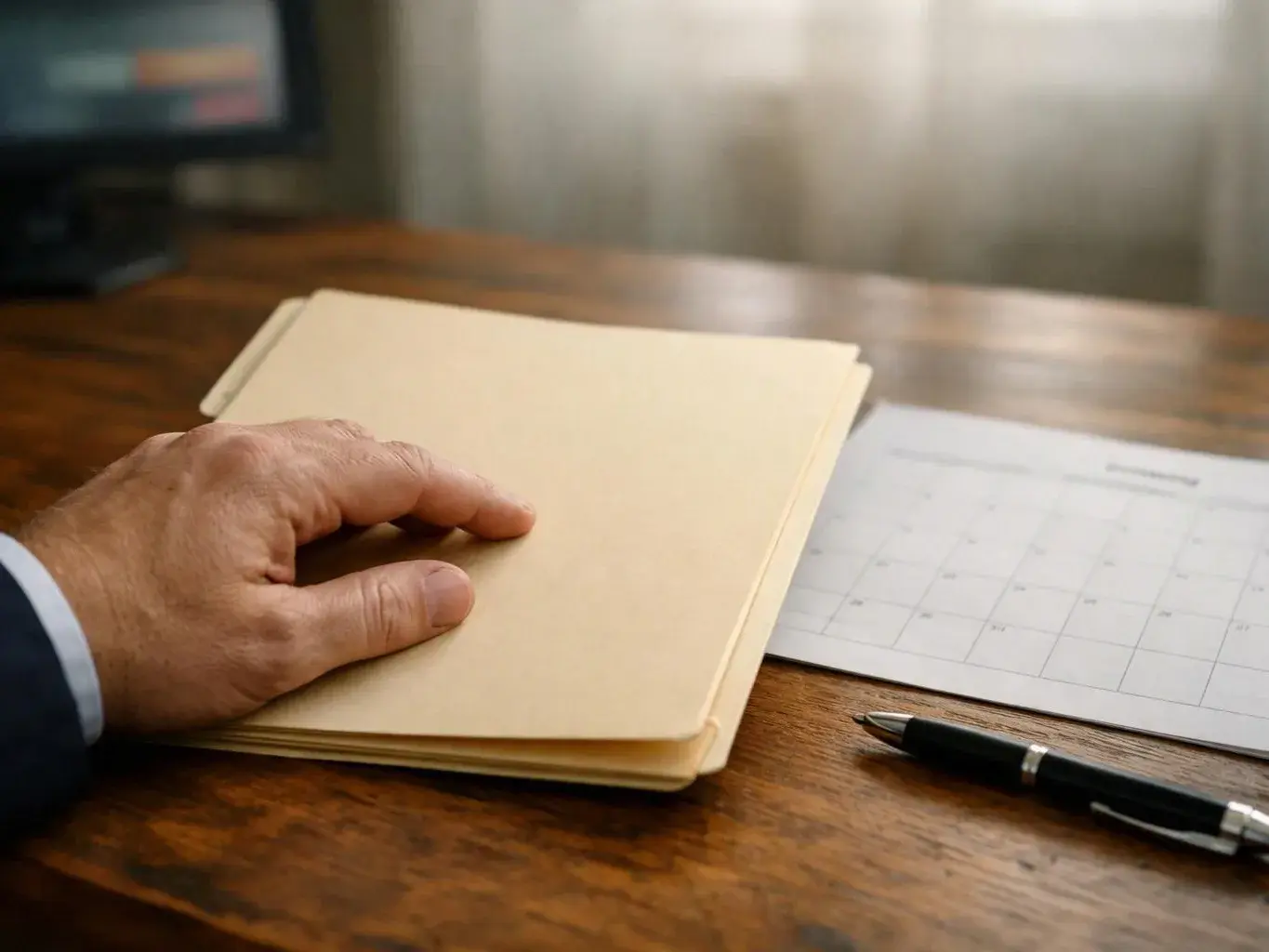 A hand rests on a manila folder beside a calendar sheet and pen on a wooden desk