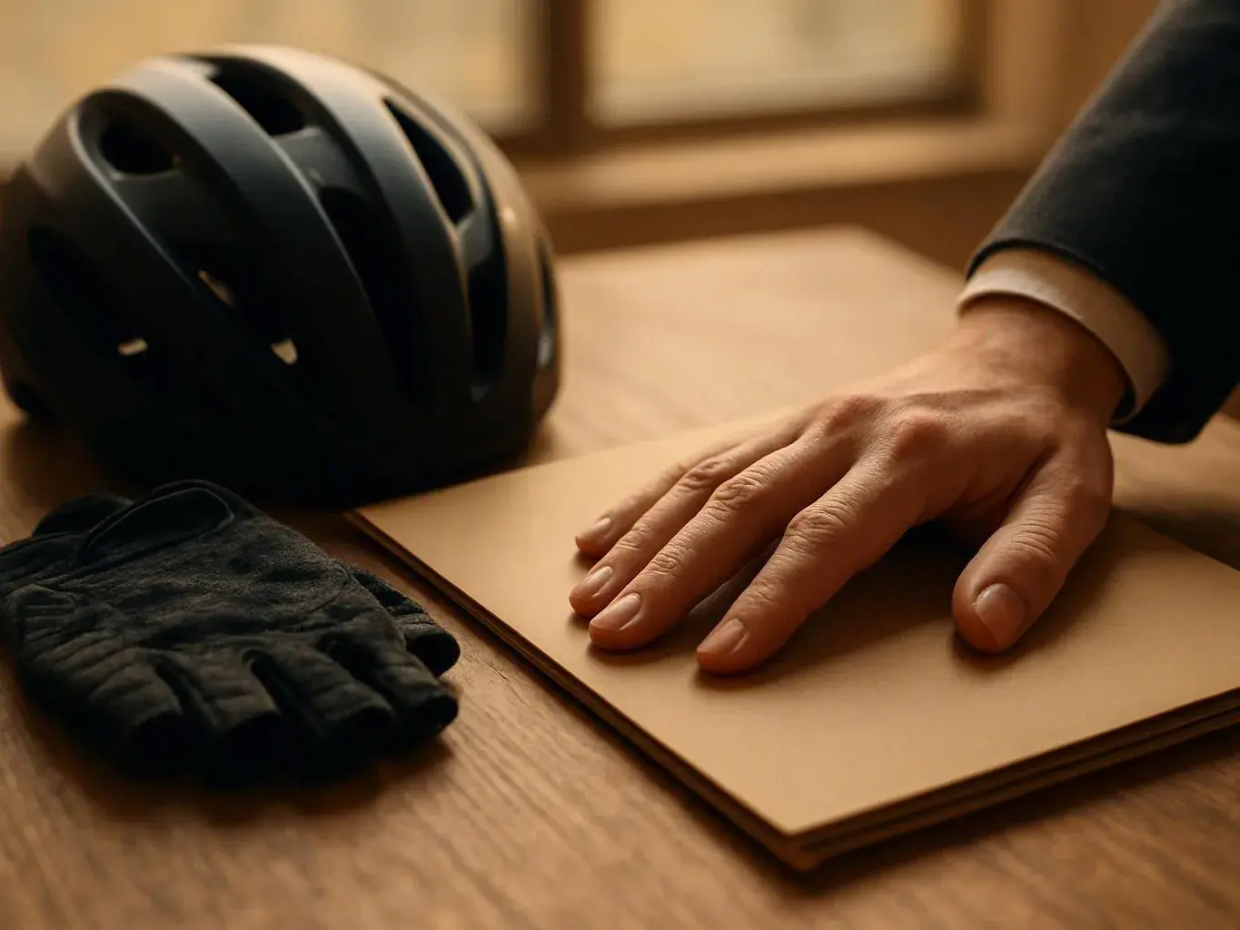 A hand rests on stacked cardboard sheets beside a black bike helmet and gloves on a wooden table