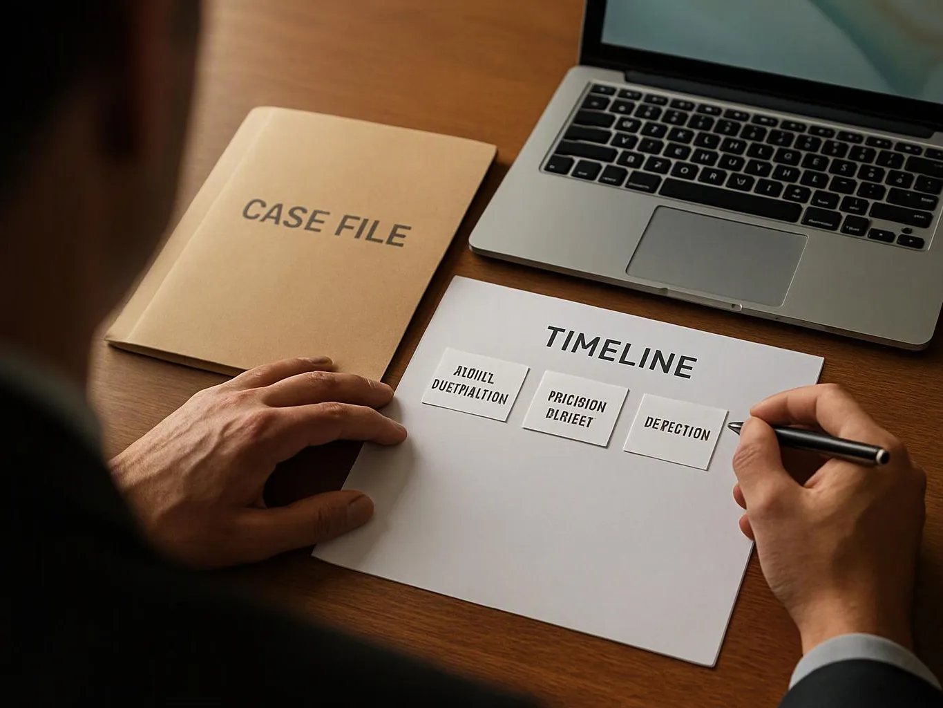 Hands hold a pen over a timeline sheet beside a case file and laptop on a wooden desk