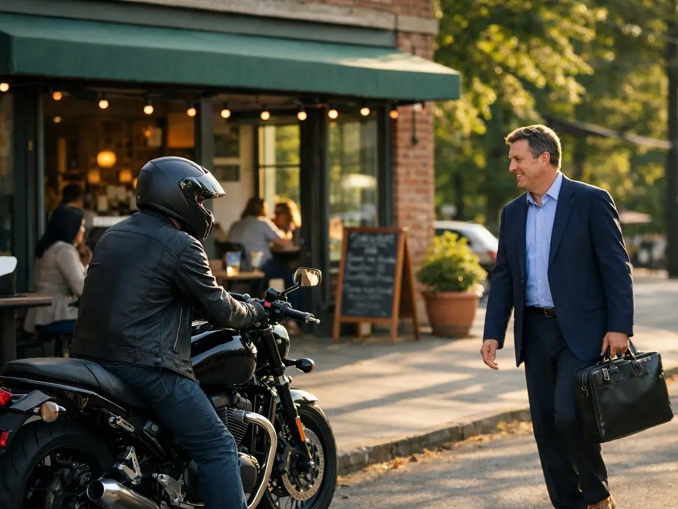 A helmeted motorcyclist faces a smiling man in a suit holding a briefcase outside a café