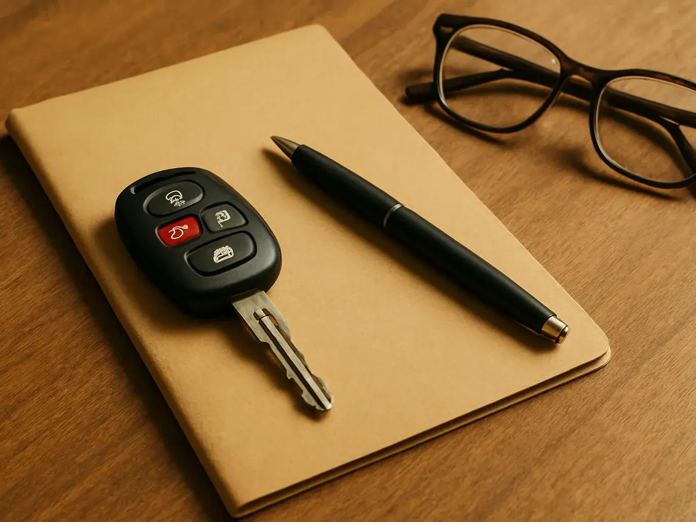 Car key, pen, and eyeglasses rest on a tan notebook on a wooden desk