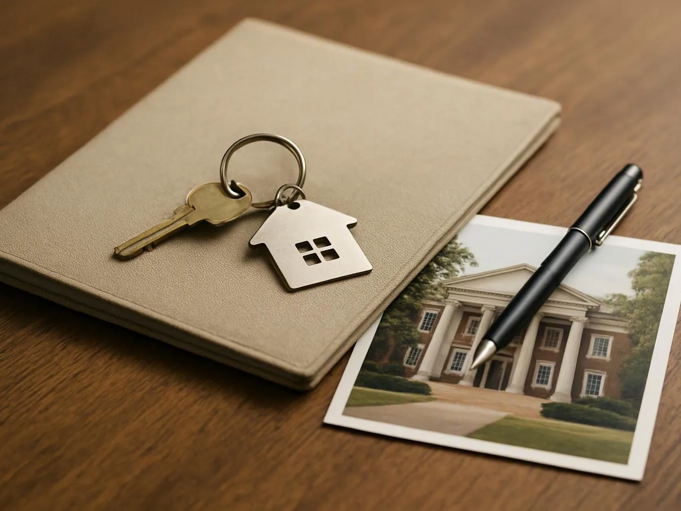 House keys rest on a beige folder beside a pen and a photo of a large house