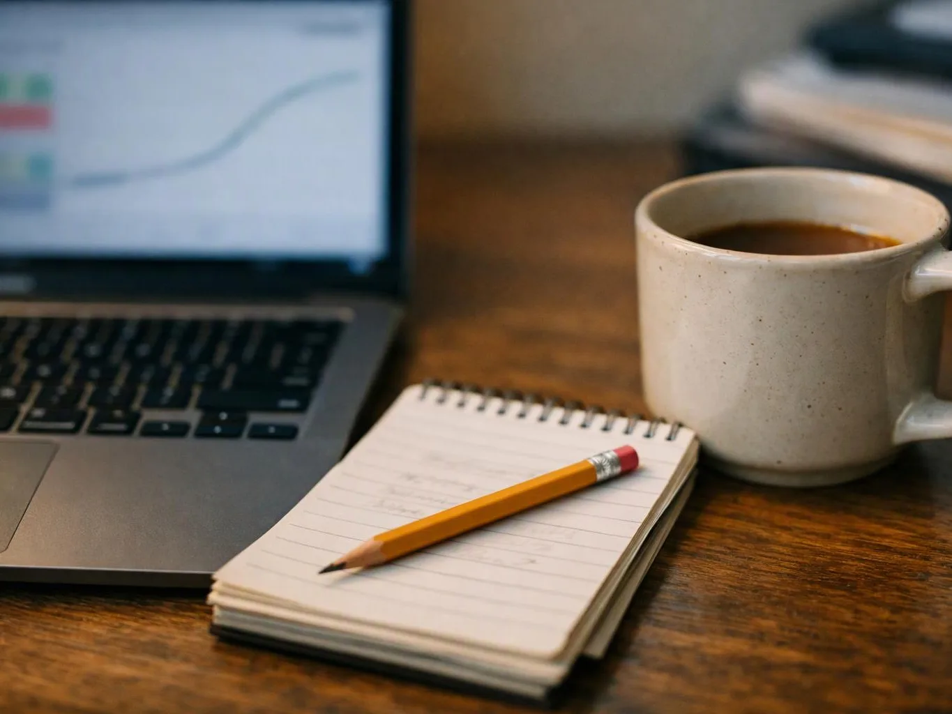 A laptop, notebook, pencil, and coffee mug sit on a wooden desk