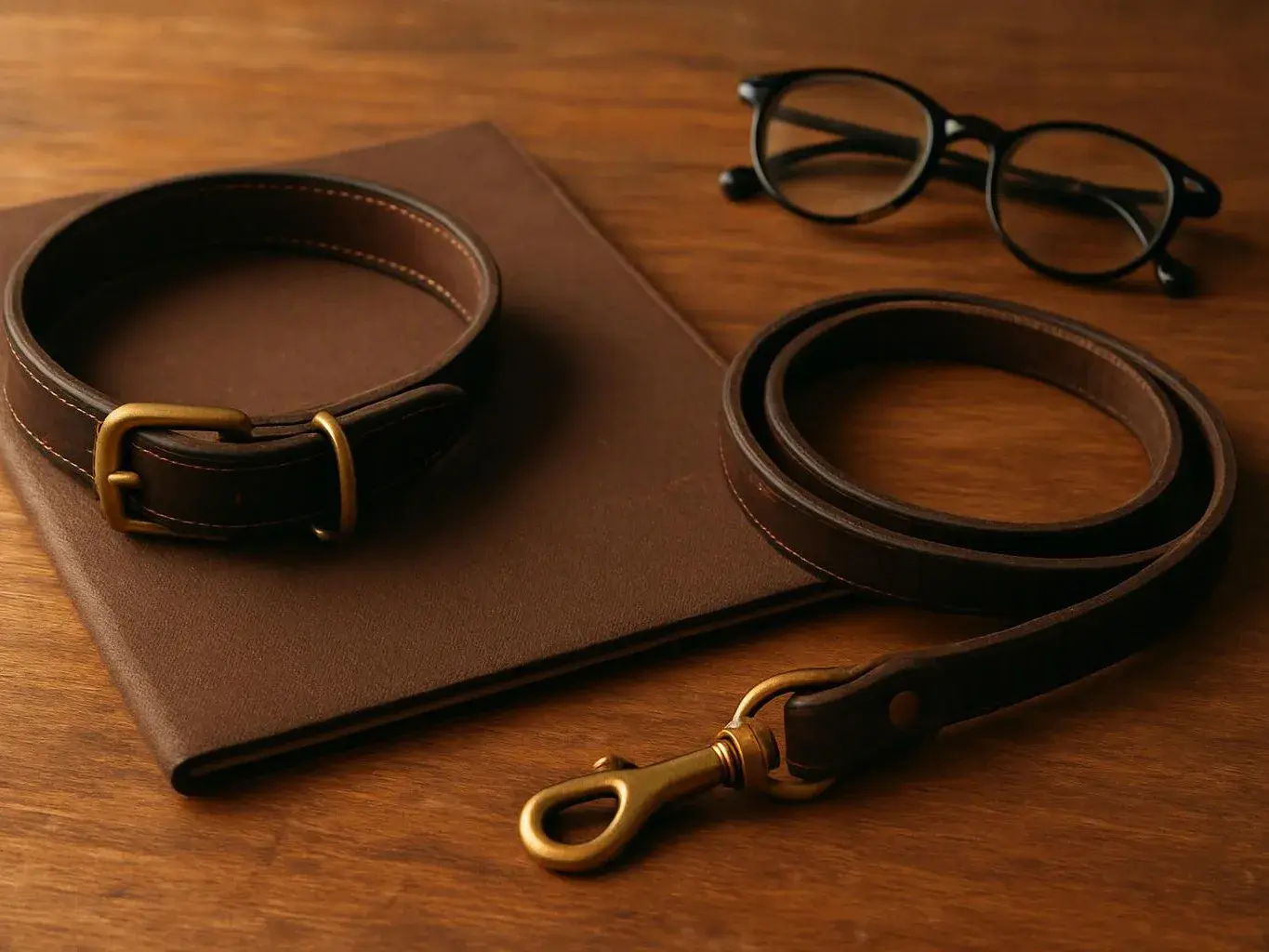 Leather belt, folded notebook, and eyeglasses rest on a wooden table