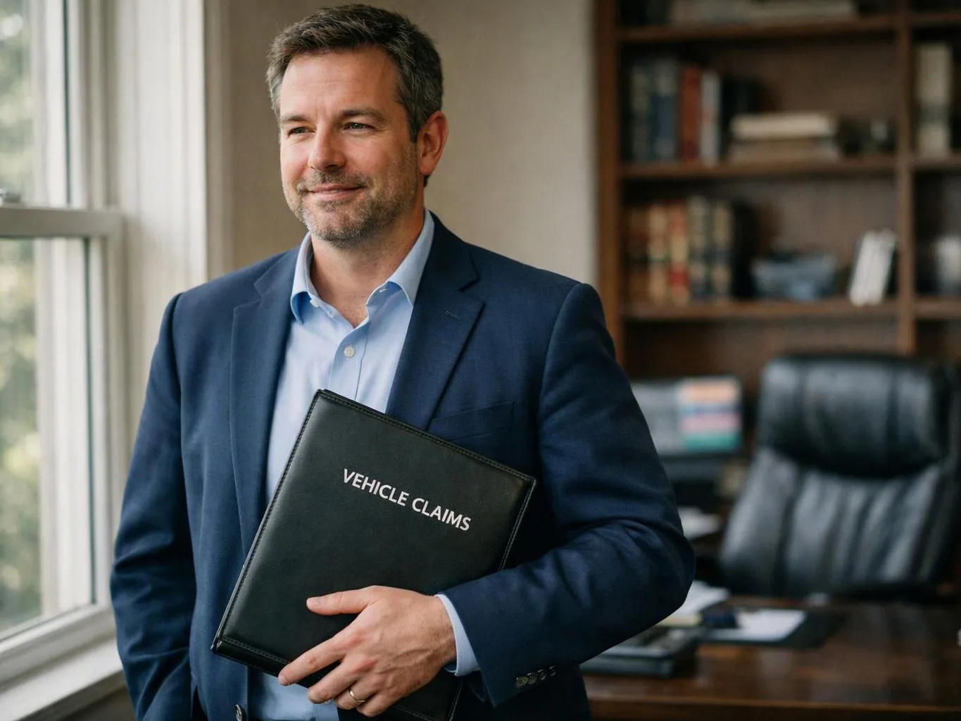 A man in a blue suit holds a black folder labeled “VEHICLE CLAIMS” in a bright office