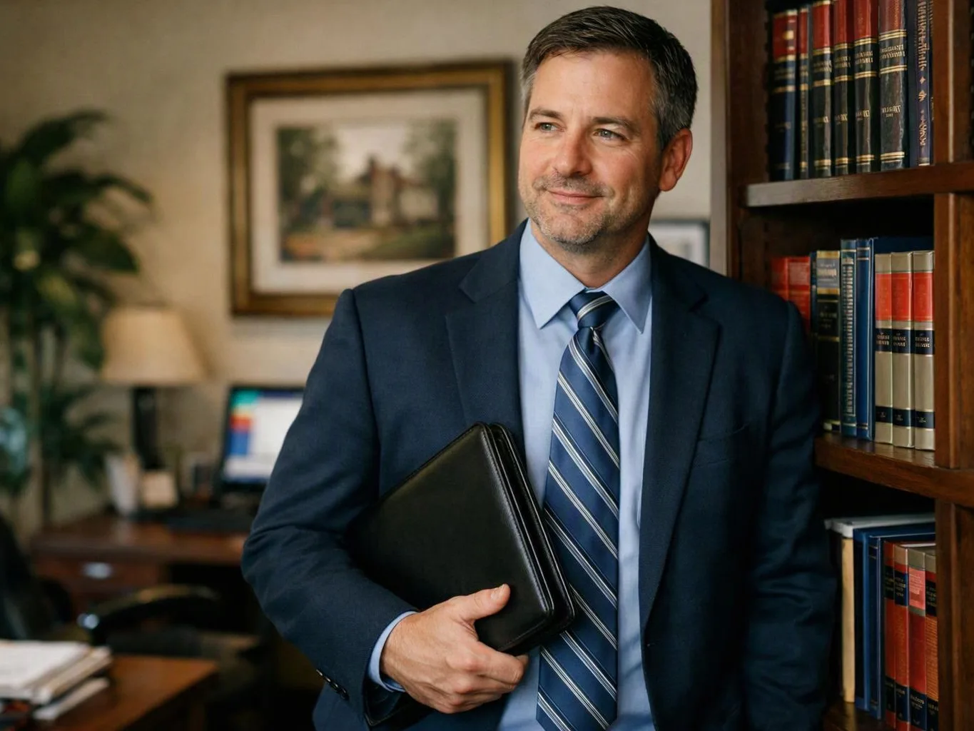 A man in a navy suit stands by a bookshelf, holding a black portfolio in a warm office