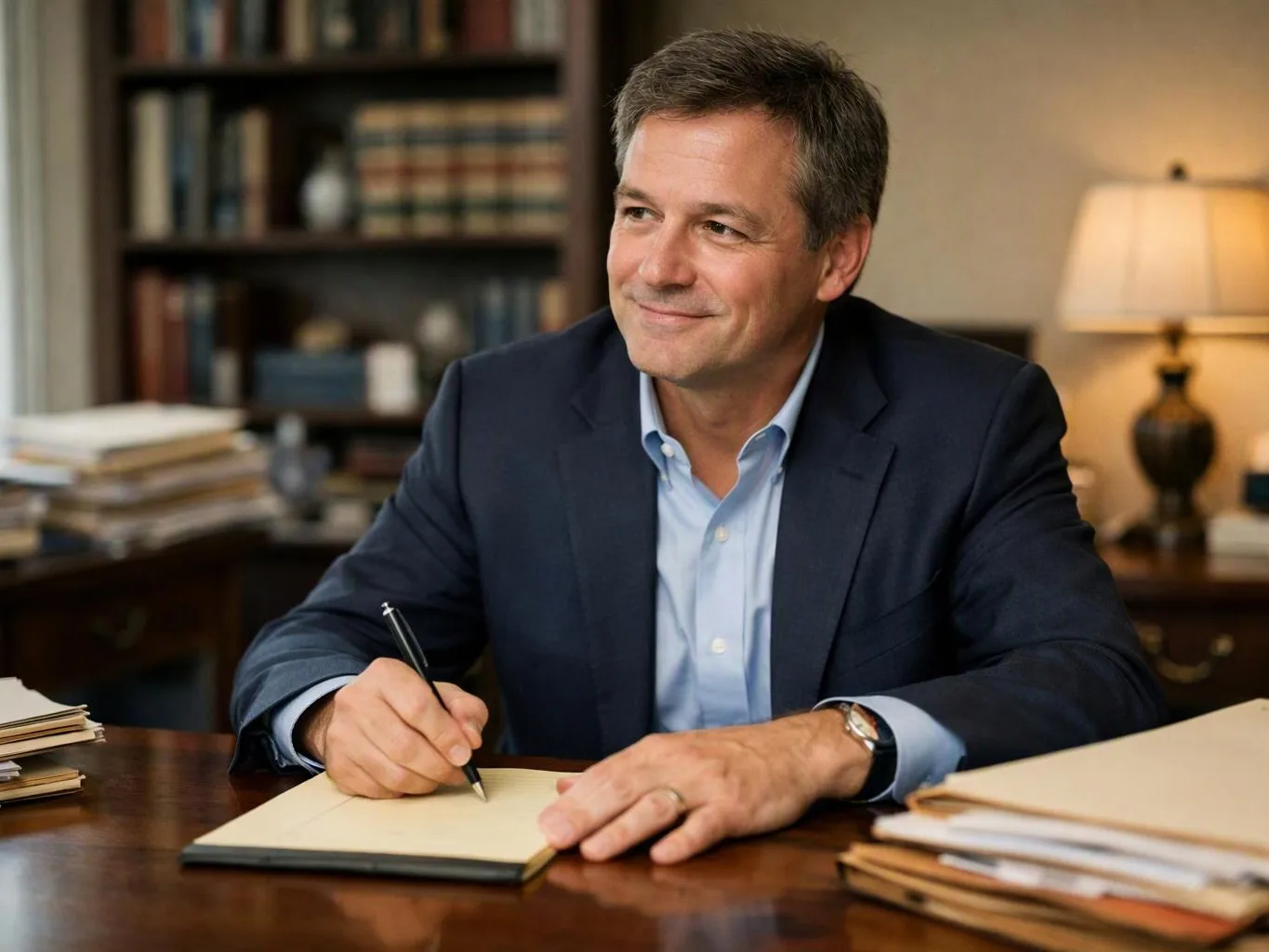 A man in a navy suit writes in a notebook at a desk in a warmly lit office