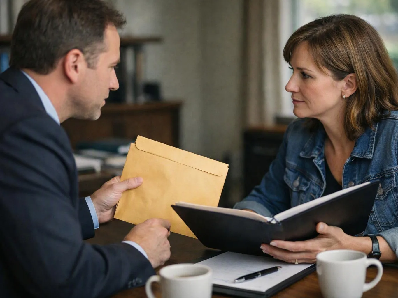 A man offers a yellow envelope across a table while a woman holds an open black folder and looks at him