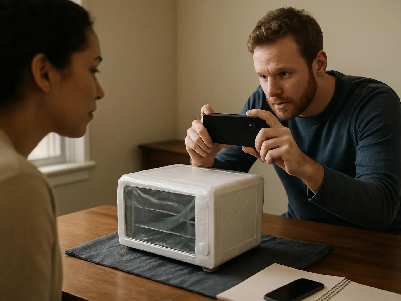 A man photographs a small white microwave on a table while a woman sits nearby indoors