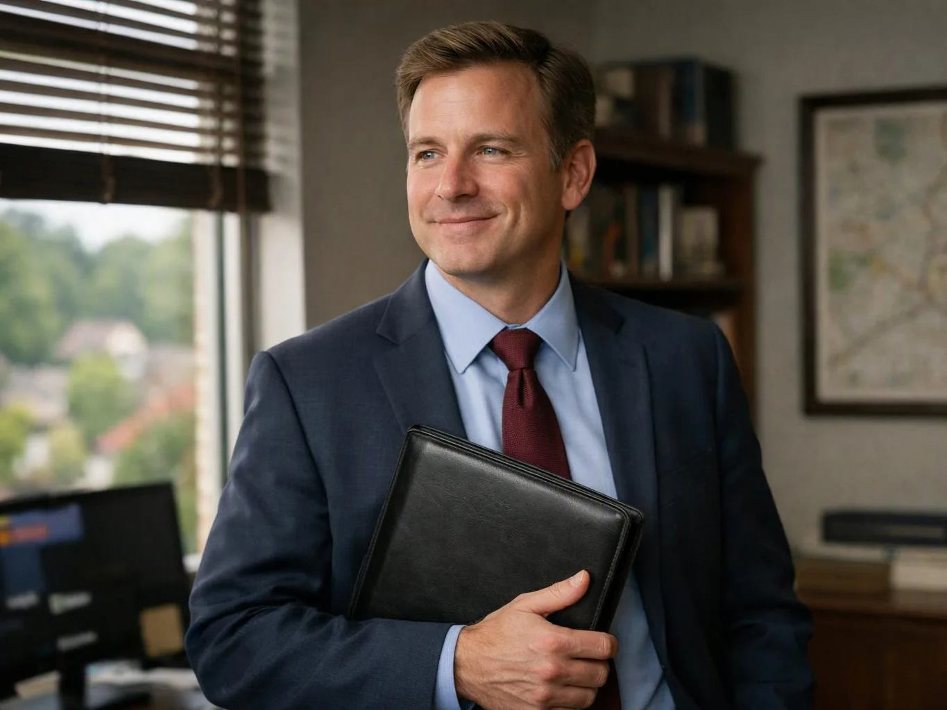 A man in a suit holds a black folder in a bright office with a window and bookshelf