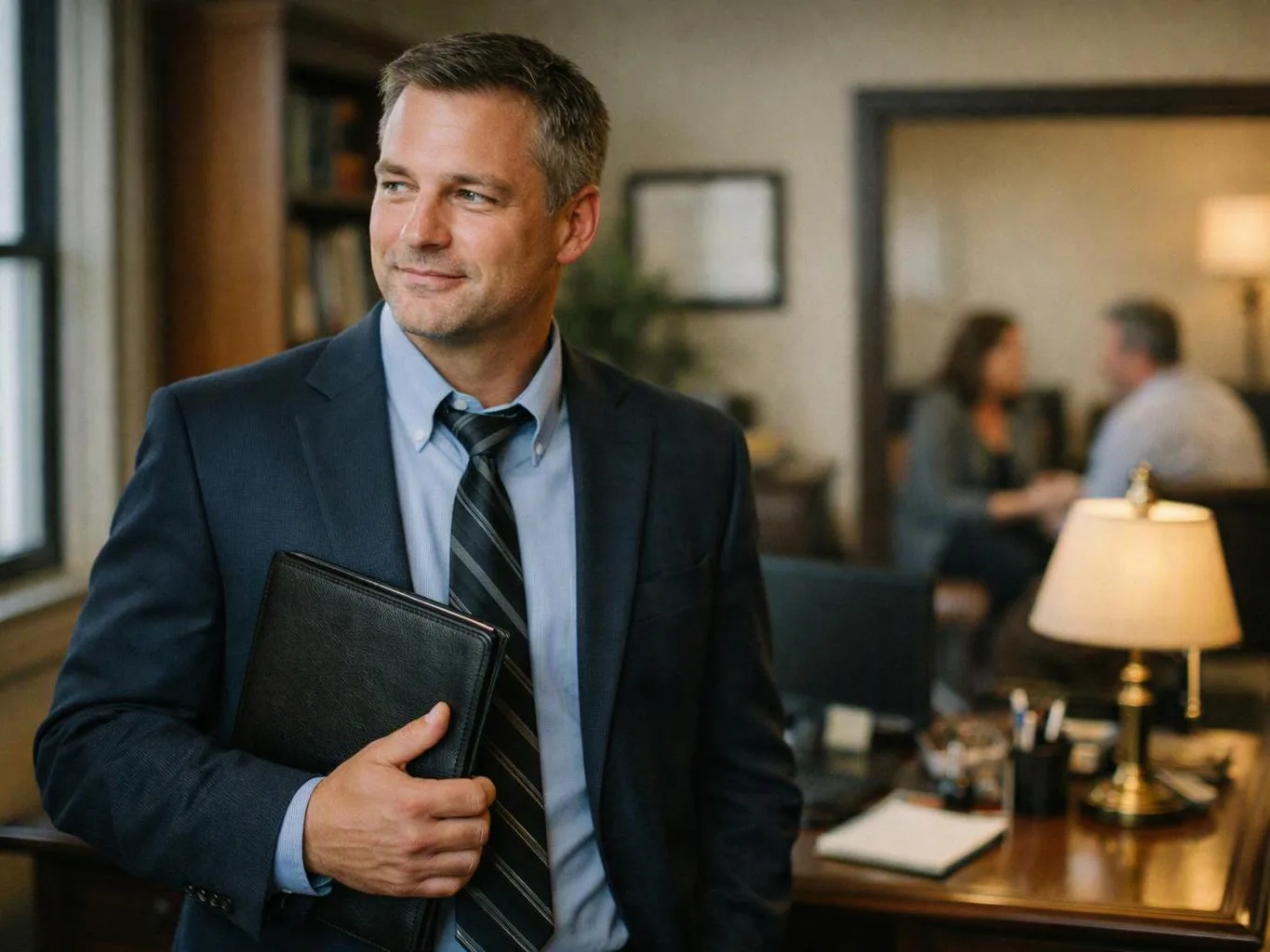 A man in a suit holds a black portfolio in a softly lit office, with blurred coworkers behind him