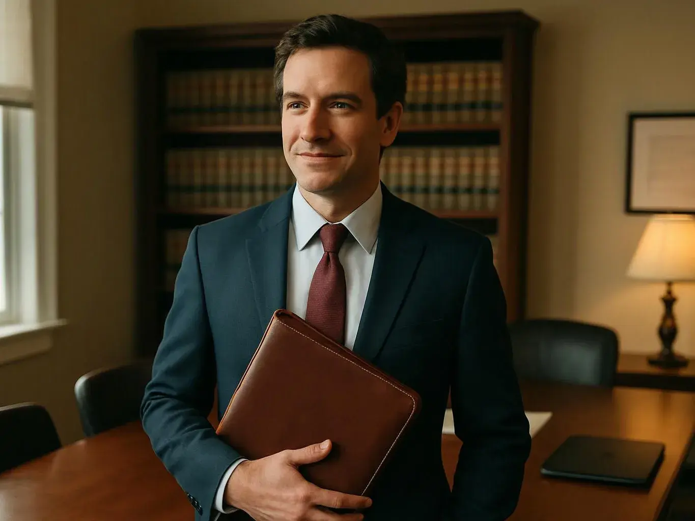 A man in a suit holds a brown leather folder in a book-lined office meeting room