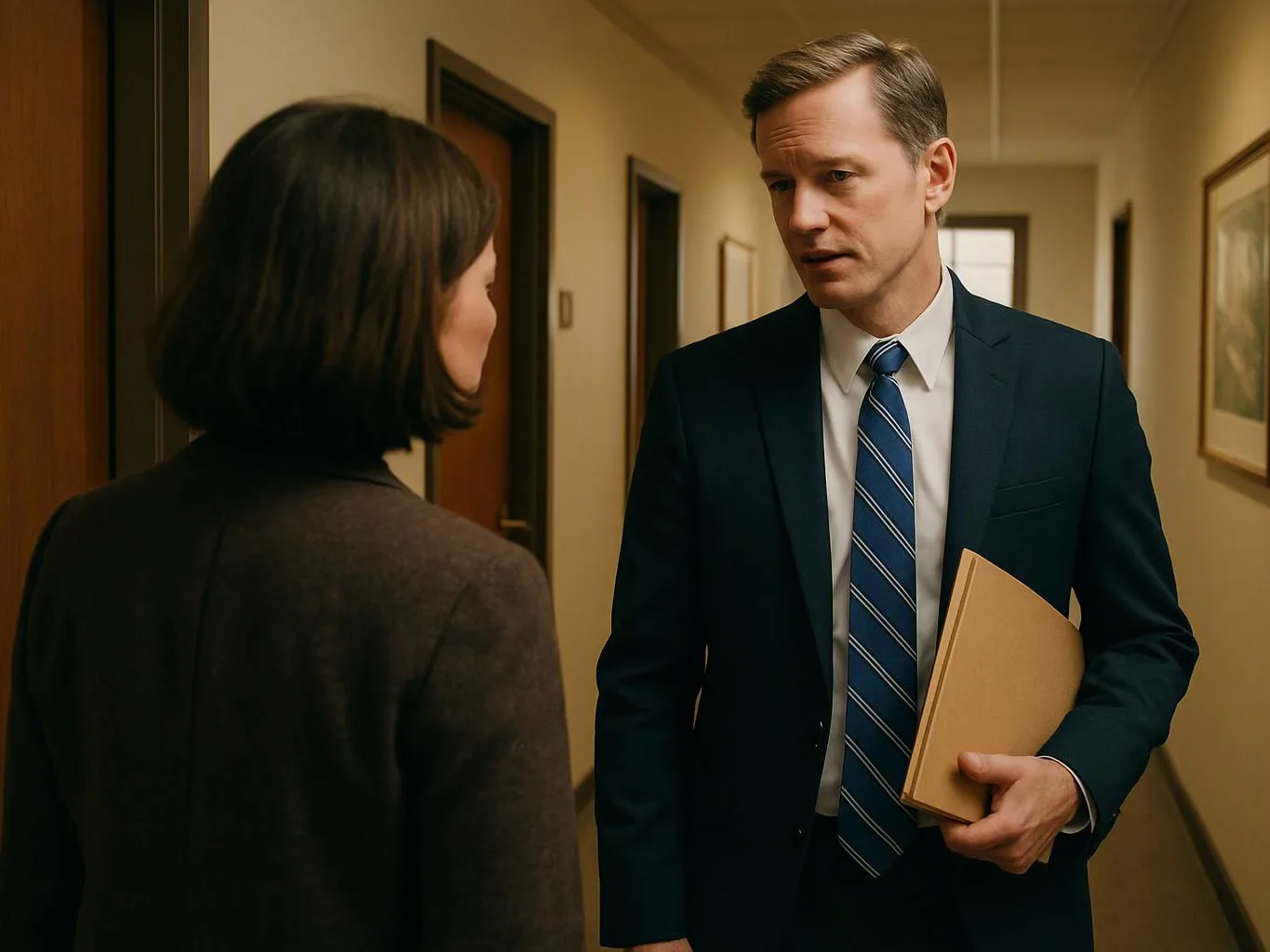 A man in a suit holds a folder and talks to a woman in a hallway