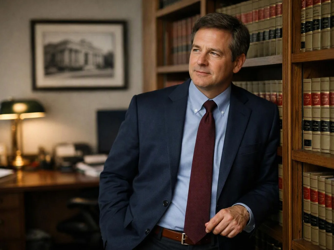 A man in a suit leans beside bookshelves in a quiet office, looking off to the side