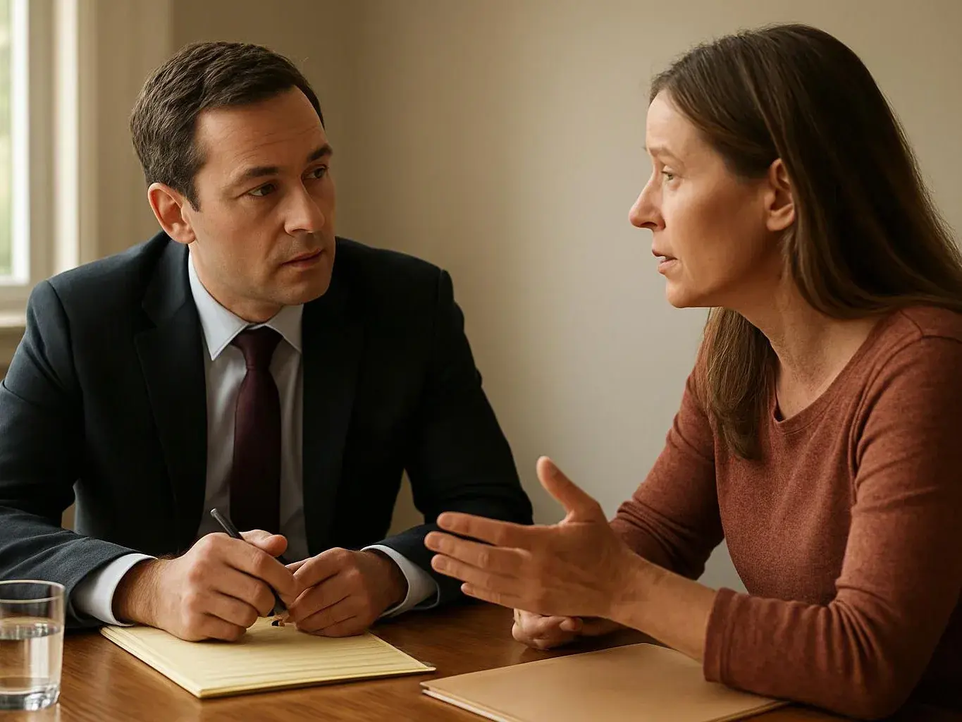 A man in a suit listens while a woman speaks across a table with notepad and glass of water