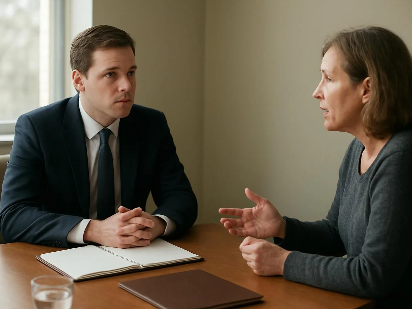 A man in a suit listens to a woman speaking across a table with notebooks in a plain room