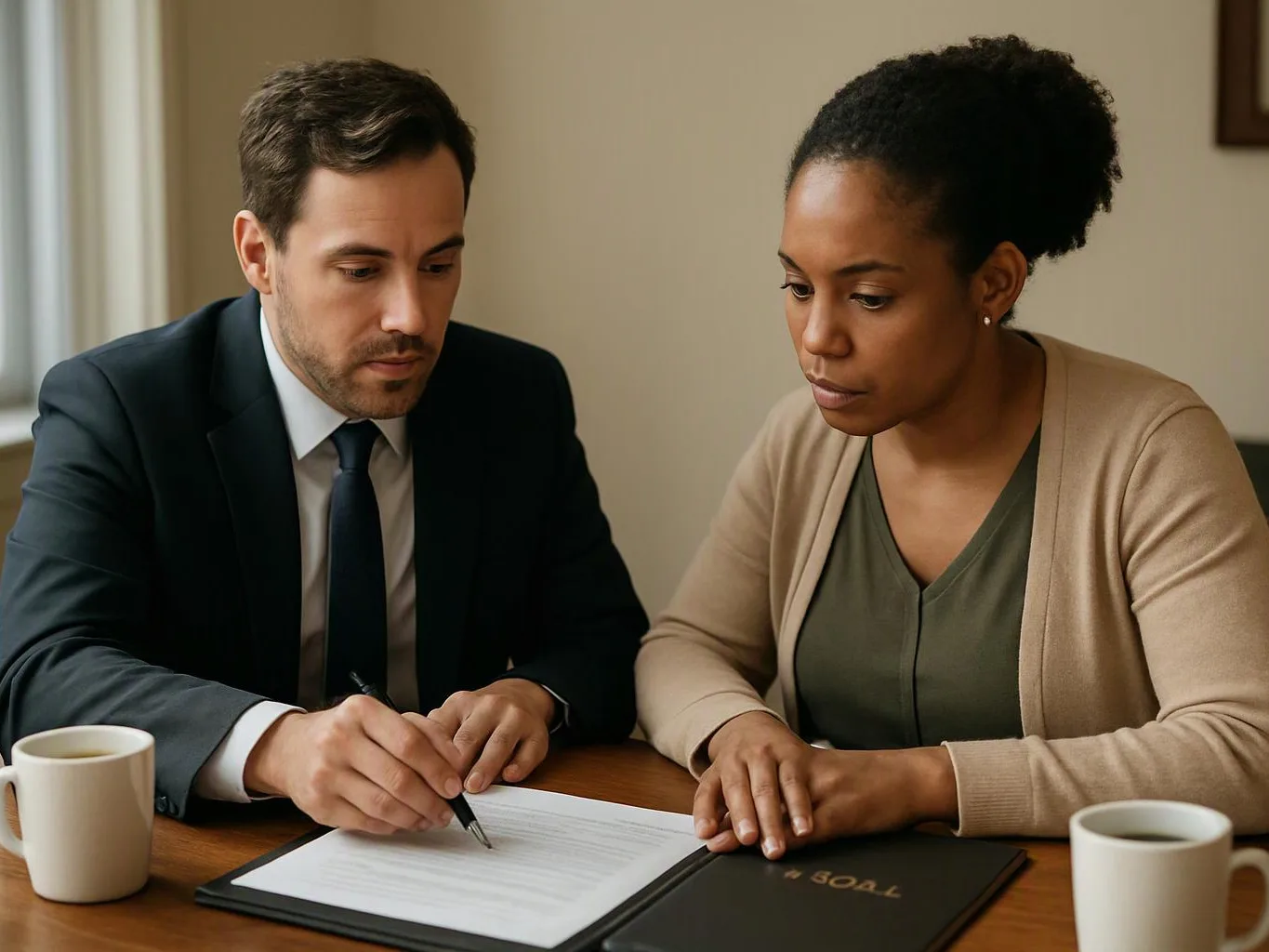 A man in a suit points at a document while a woman watches at a table with coffee mugs