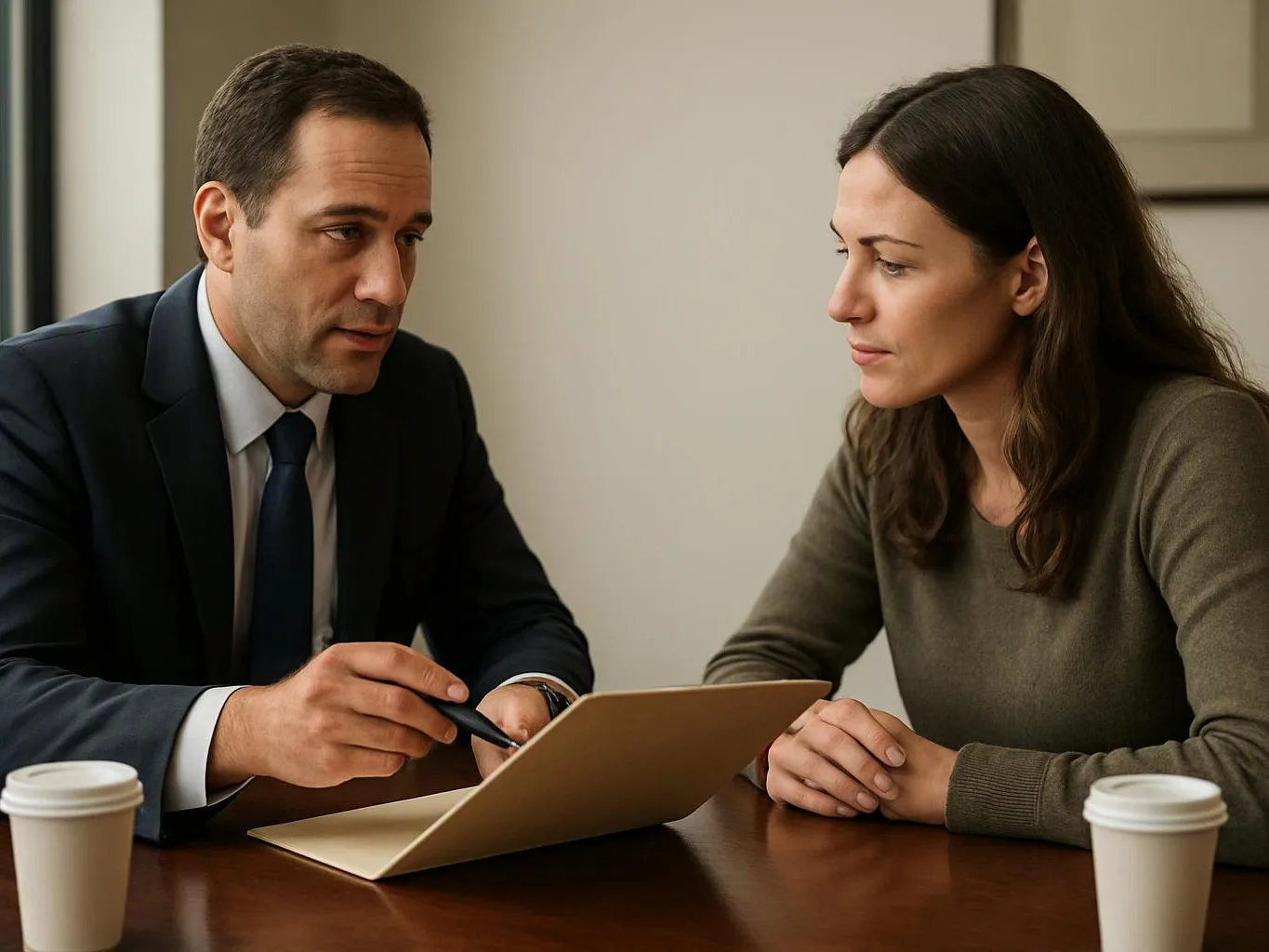 A man in a suit points at a folder while talking with a woman at a table with coffee cups