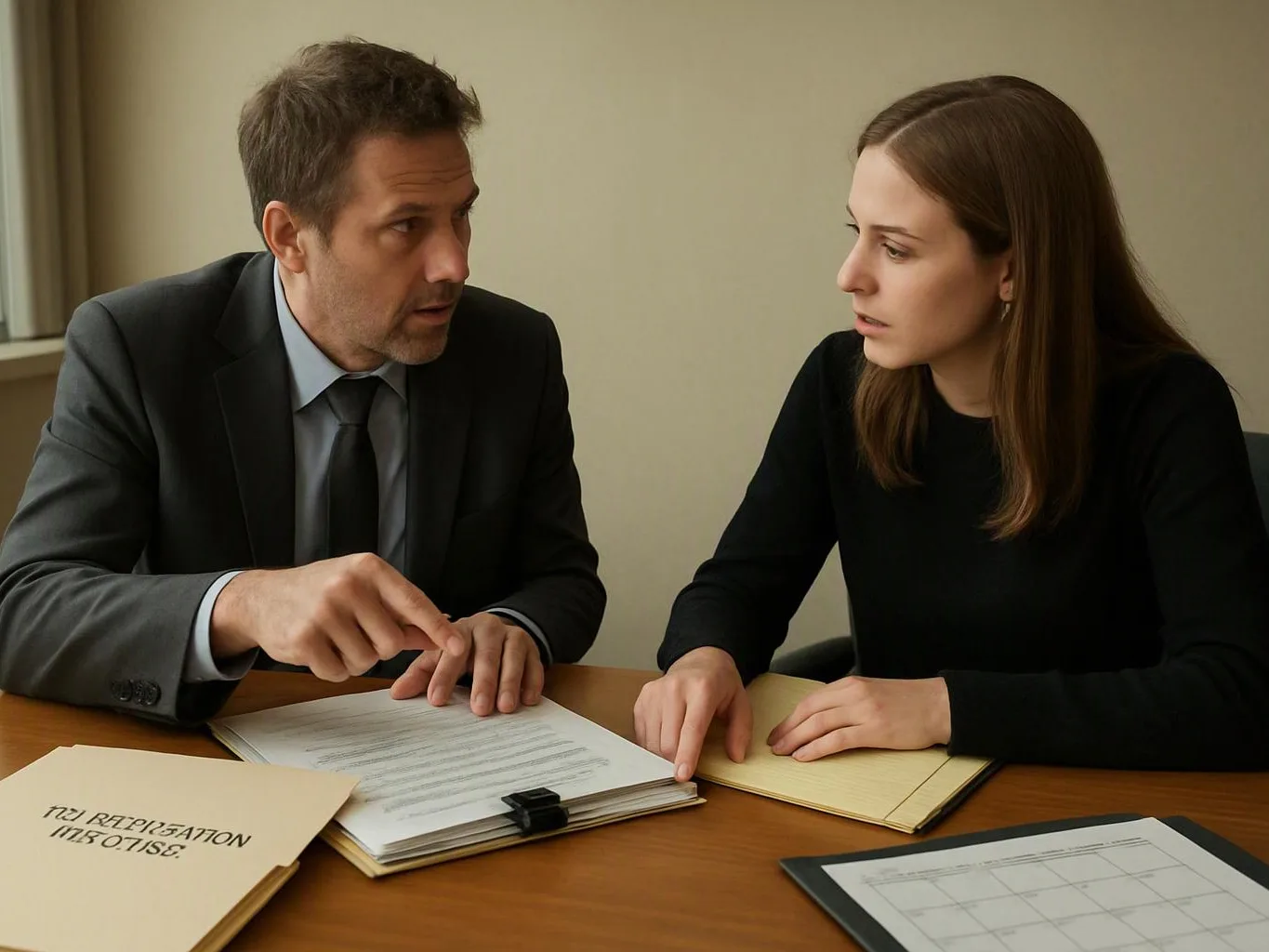 A man in a suit points at papers while talking to a woman seated beside him at a table