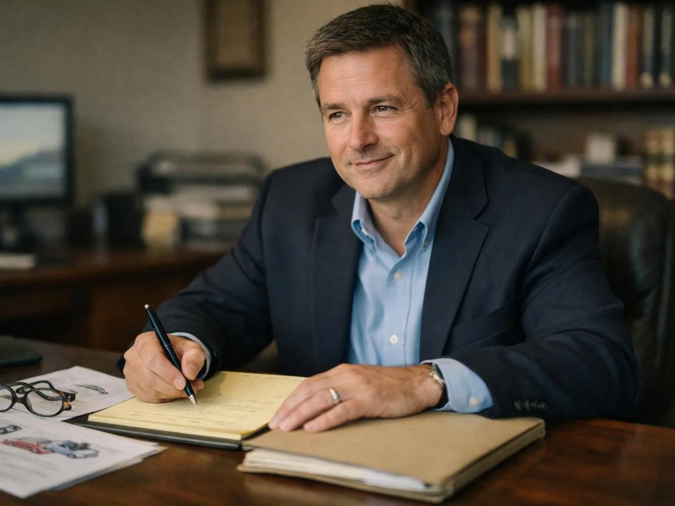 A man in a suit smiles while writing in a notebook at a desk in an office